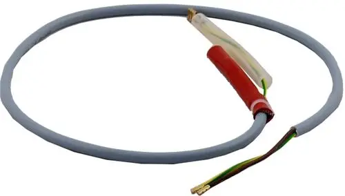 Wolf Kabel mit Stecker zur Überwachung von Elektrogeräten, ummantelt mit grauem Isoliermaterial, einschließlich mehrfarbiger Anschlussdrähte.